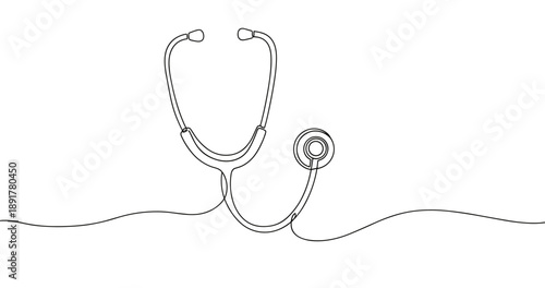 Minimalist line drawing of stethoscope on white background. No editable stroke