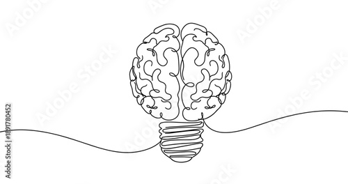Continuous line drawing of brain as a lightbulb symbolizing creativity and ideas. No editable stroke