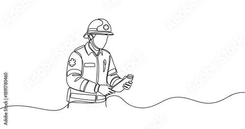 Illustration of firefighter in gear holding hose. No editable stroke