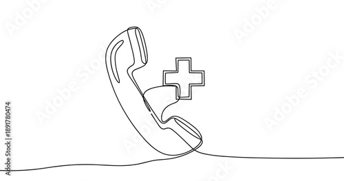 Continuous line drawing of phone with medical cross symbol for emergency services concept. No editable stroke