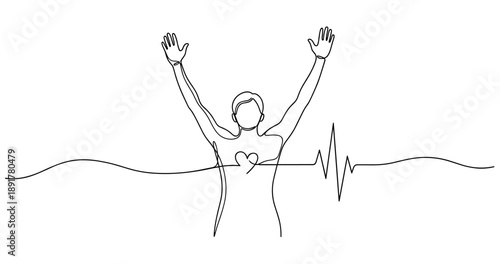Line art of human figure with heartbeat and raised arms symbolizing life and vitality. No editable stroke