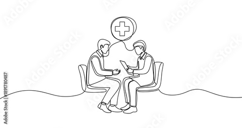 Line art of male medical consultation with doctor and patient in conversation. No editable stroke