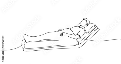 Continuous line drawing: pregnant woman relaxing on bed listening to music. No editable stroke