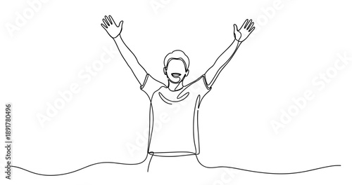 Outline of a happy person cheering with arms raised. No editable stroke