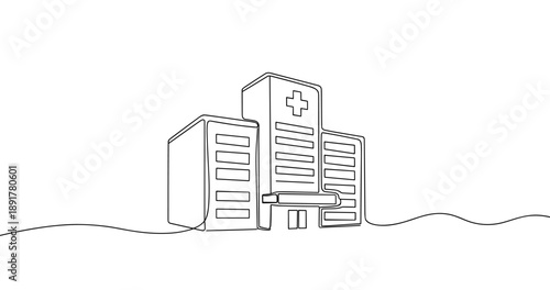 Minimalist line art of hospital building with cross symbol on facade. No editable stroke