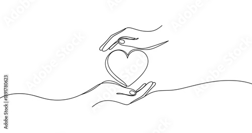 Continuous line drawing of hands embracing heart symbolizing love and care. No editable stroke