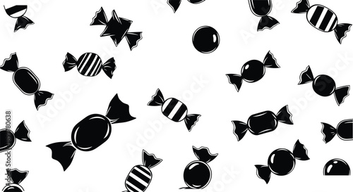 Black and white candy silhouette collection with assorted sweet shapes, wrappers, stripes, and patterns for dessert, snack, party, celebration.