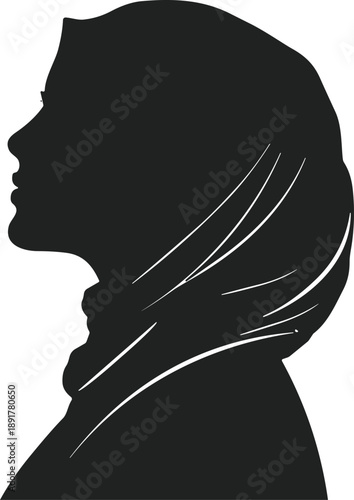 Black silhouette portrait of a Muslim woman wearing a hijab, elegant side profile view for Islamic fashion, beauty, and modesty.