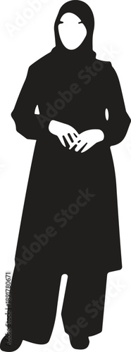 Black full body silhouette of a Muslim woman wearing a traditional hijab and long tunic outfit for Islamic modest fashion.