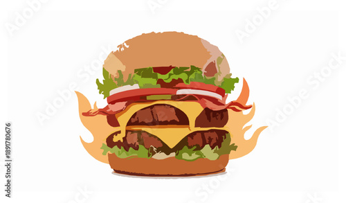 Flame grilled burger vector illustration with bacon cheese and heat elements isolated on white