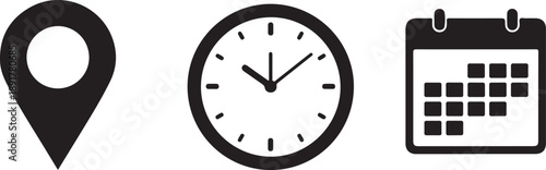 Location pin, clock, and calendar icons for planning and navigation