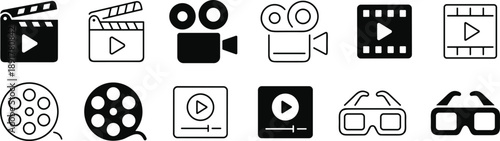 Movie cinema icon set including film clapperboard, video camera, movie reel, media player interface, and 3D glasses for multimedia production design.