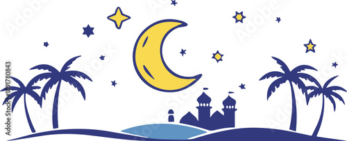 Islamic night landscape illustration with crescent moon and stars over mosque silhouette and palm trees for Ramadan and Eid celebration.
