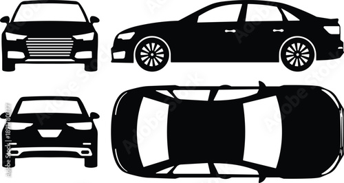 Black car silhouette set featuring front, side, rear, and top view blueprint technical drawings of a modern sedan for automotive design.