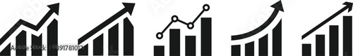 Black financial bar chart icons set with upward arrows representing business growth, success, data analysis, and profit increase for marketing