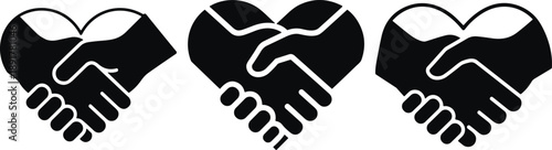Black heart shaped handshake icons set featuring hands shaking for business partnership, charity, love, trust, and community isolated on white background
