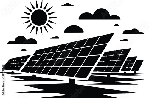 Black silhouette of solar panel field under a bright sun and clouds isolated on white background for renewable energy design