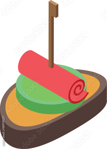 Isometric view of a canape featuring a meat roll, cucumber slice, and a wooden skewer, perfect for parties and events