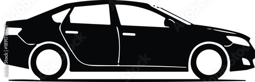 Black sedan car silhouette featuring a modern four door vehicle profile isolated on white background for automotive transport and design