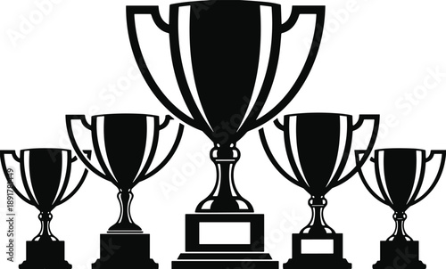 Black trophy silhouettes set featuring various winner cup awards for sports competition and achievement celebration isolated on white background for design
