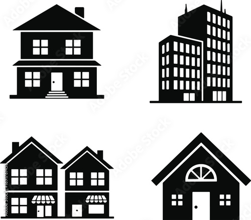 Black building silhouettes set featuring residential house designs, modern apartment skyscraper, and commercial storefront architecture isolated on white background for real estate