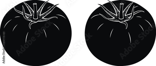 Pair of black tomato silhouettes featuring detailed stems and organic shapes isolated on white background for kitchen and gardening design