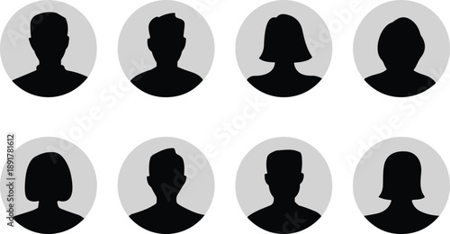 Collection of black human head silhouettes and user profile avatar icons in gray circles isolated on white background for account web design