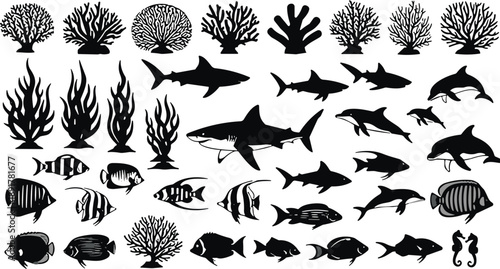 Large set of black marine life silhouettes featuring various tropical fish sharks dolphins seahorses and coral reef plants isolated on white