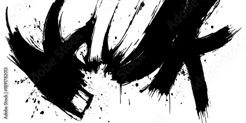 Black ink splat and grunge paint splatter texture design featuring a dirty vector illustration with liquid drips and graffiti spray stains on a white silhouette background