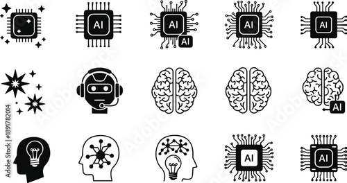 Large collection of black artificial intelligence icons featuring brain circuits microchips robot heads and digital processing symbols isolated on white background