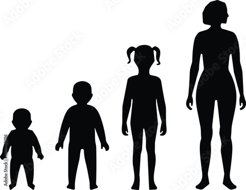 Black human growth silhouettes showing development from baby to toddler and child to adult woman isolated on white background for health