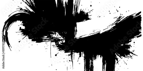 Abstract black ink splat grunge background featuring vector paint splatter stains and a dirty brush texture border design