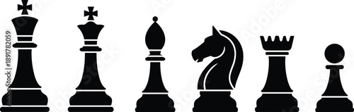 Complete set of black chess piece silhouettes including king queen bishop knight rook and pawn isolated on white background for games