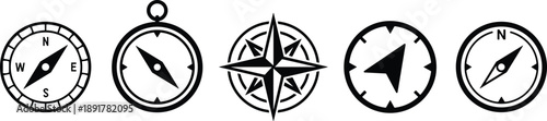 Set of five unique black compass icons and nautical wind rose symbols isolated on white background for travel navigation adventure design