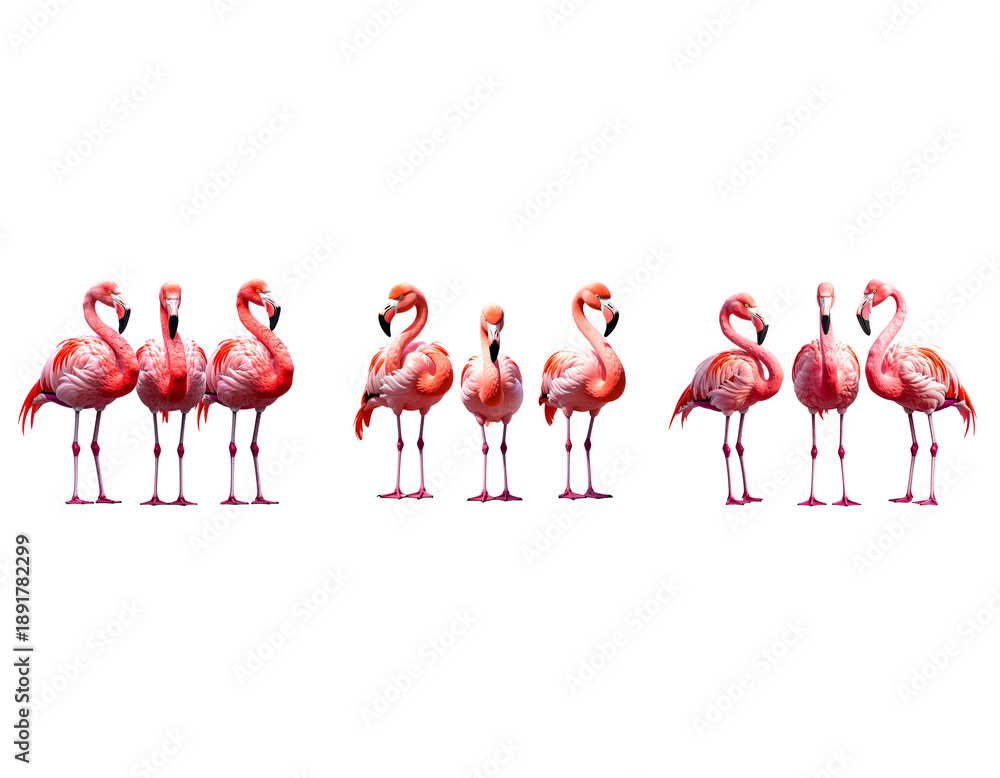 Obraz premium Three Pink Flamingos Standing Side by Side, Front View, Isolated on Transparent Backg