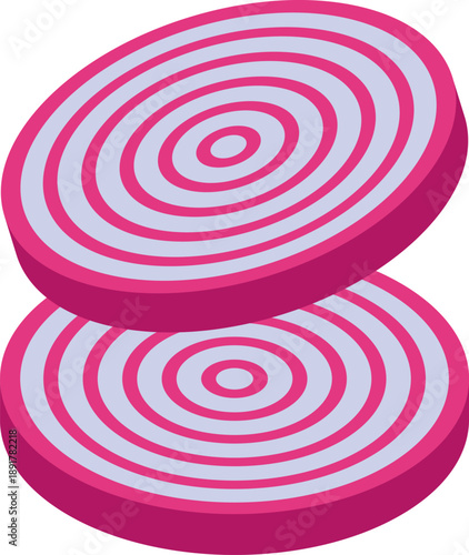 Two slices of fresh beetroot, displaying vibrant concentric circles, are presented in an isometric view, perfect for culinary or health related designs