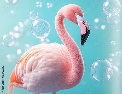 Vibrant pink flamingo surrounded by floating bubbles on turquoise background