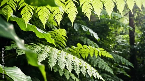 Lush green ferns and leaves in a tropical forest, sunlight filtering through foliage, creating a vibrant natural scene