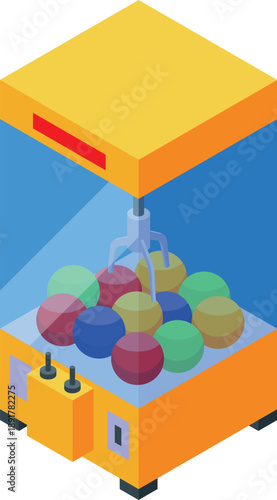 Claw crane arcade game picking up colorful balls inside glass box, funfair entertainment equipment