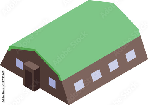 Isometric view of a sustainable house featuring a green roof, symbolizing eco conscious architecture and environmental responsibility