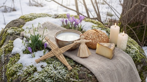 Imbolc Nature Altar with Woven Brigid's Cross, Corn Husk Brideog Doll, and Offerings for Celtic Pagan Rituals, Goddess Brigid Spirituality, Spring Awakening Symbolism, and Seasonal Celebration Content