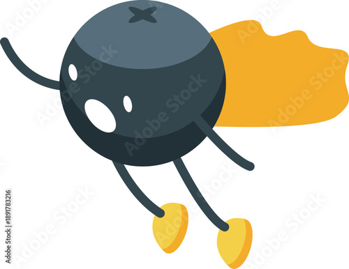 Cartoon blueberry wearing a cape and flying like a superhero