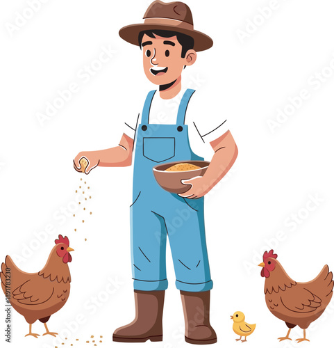 Farmer holding eggs and standing with chickens on a farm