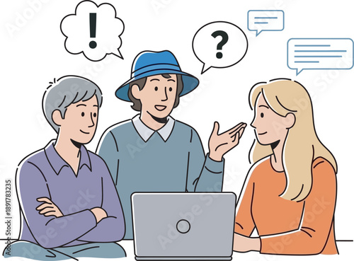 Confused group of people looking at laptop screen in discussion