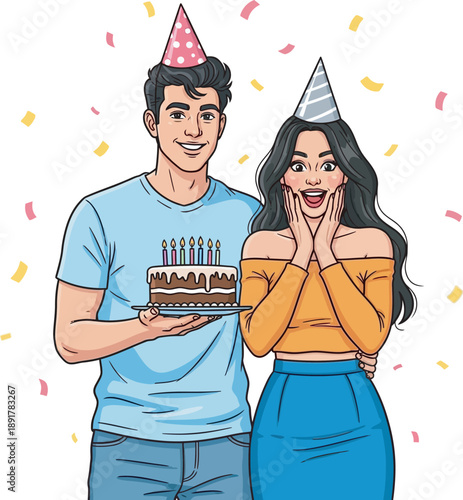 A man and woman celebrating a birthday with a cake and party hats