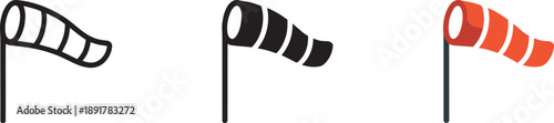 Windsock wind direction indicator icons in linear silhouette and bright orange color versions