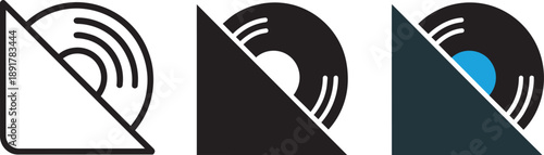 Vintage vinyl record disc sticking out of envelope icons in outline black and blue variations