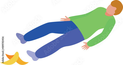 Young man falling after slipping on banana peel, isometric accident icon