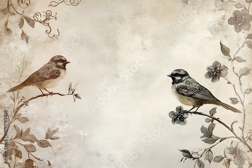 Two charming birds perched on flowering branches with vintage floral designs