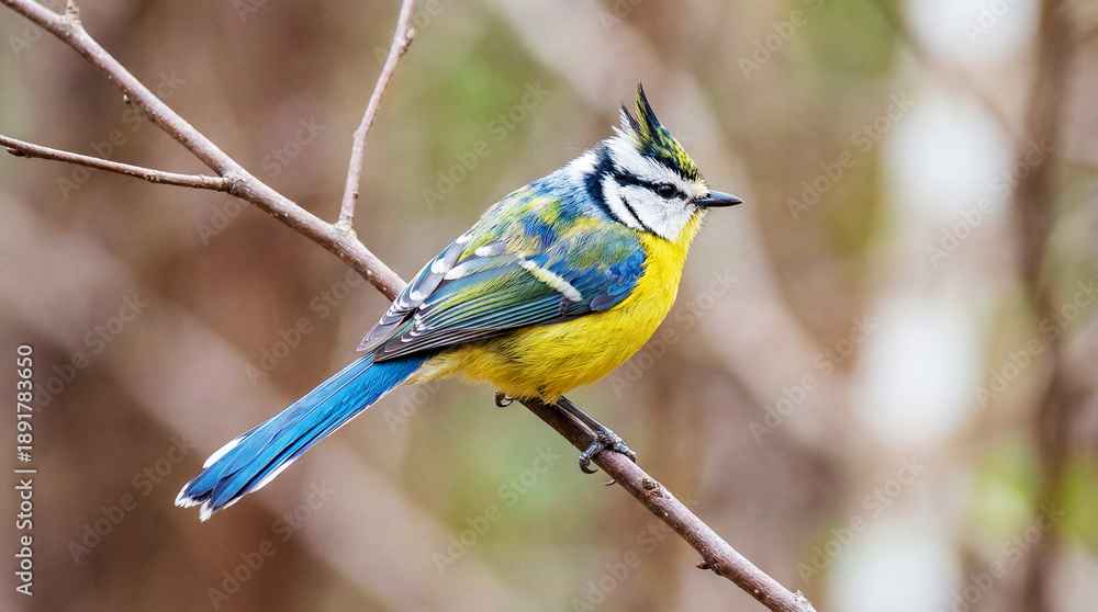 Fototapeta premium Beautifully detailed blue and yellow bird perched on a thin branch with soft focus background in natural outdoor setting
